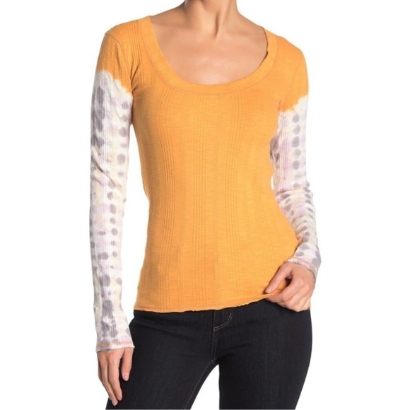 Free People Big Sur Amber Mustard Combo T-shirt Tie-Dye Long Sleeves L - Picture 1 of 13